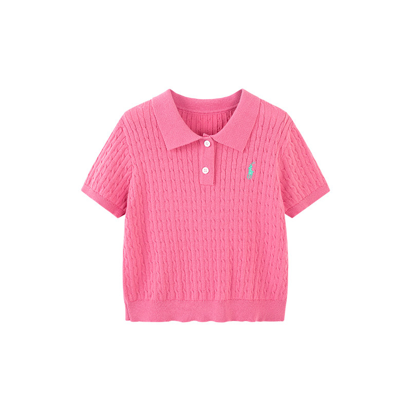 柒号童仓女童韩版短袖针织衫夏装新款儿童纯色坑条polo衫休闲上衣