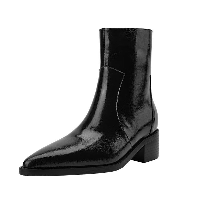 星期六法式尖头真皮粗跟短靴女