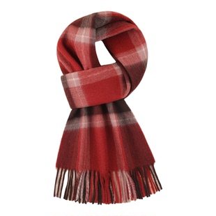 皮尔卡丹100%绵羊毛围巾女士冬季新款高端格子洋气红色围巾女款冬