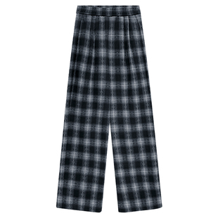 黑灰色格子裤女秋加厚绵羊毛加长版高个子休闲复古窄版直筒阔腿裤