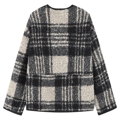 Basic House/百家好小香风圆领格纹毛毛外套复古摇粒绒宽松上衣冬