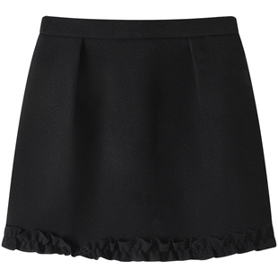 慕兔包臀灰色毛呢短裙女2025冬季新款小个子高腰木耳边a字半身裙