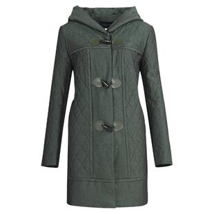 靓诺棉服女冬中长款绿色绗格牛角扣中年棉衣新年修身外套LM16434A