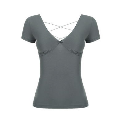 辣妹V领露背绑带带胸垫短袖T恤女