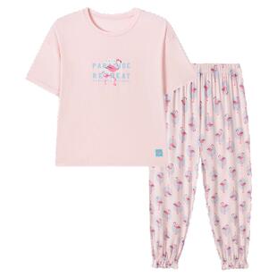 SCHIESSER舒雅女童中大童莫代尔火烈鸟印花七分裤睡衣家居服套装