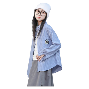 女童春装衬衫2026新款洋气儿童长袖条纹衬衣春秋款初中生上衣外套