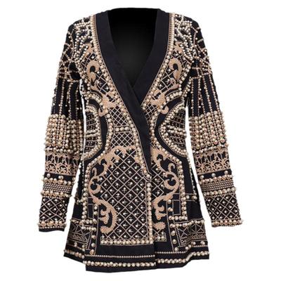 常规复古长袖印花钉珠女士西装