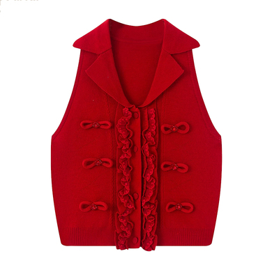 JONIbyBEB木耳边蝴蝶结翻领针织