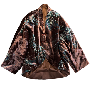 VANLU国风雅韵 新中式系列 重磅刺绣复古V领盘扣真丝丝绒加厚棉服