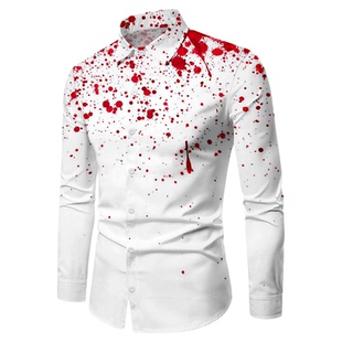 halloween shirt欧式万圣节服装血印花帅气长袖衬衫男血迹衬衣女