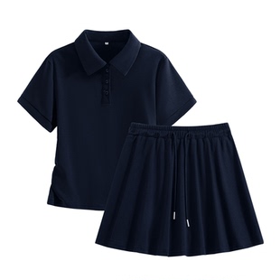 唐狮官方运动套装两件套女夏季POLO衫正肩短袖t恤防走光短裙子VC