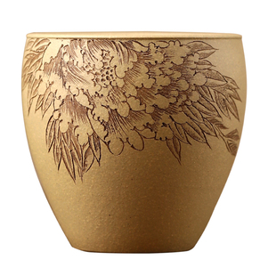 高端宜兴原矿紫砂杯名家李建军纯手工刻绘本山绿泥国色天香主人杯