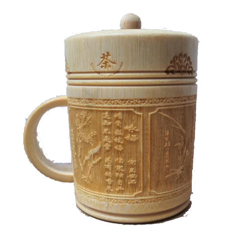 田园风雕刻碳化竹子竹筒中式茶杯