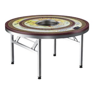 不锈钢内置转盘圆桌商用加厚电磁炉火锅一体折叠饭桌家用餐桌