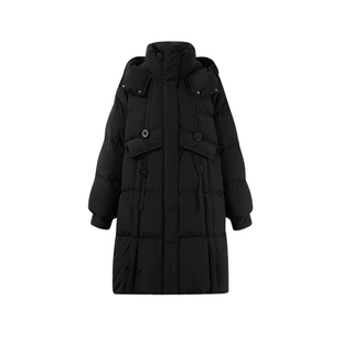 【90白鸭绒】秋水伊人黑色羽绒服女2025冬装新款女中长款连帽外套