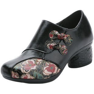 单鞋女真皮民族风妈妈鞋粗跟新款复古中老年牛皮鞋印花春秋女鞋