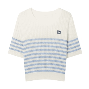 KBNE蓝白莱赛尔条纹针织衫薄款圆领小衫夏季新款亚麻短袖上衣女装