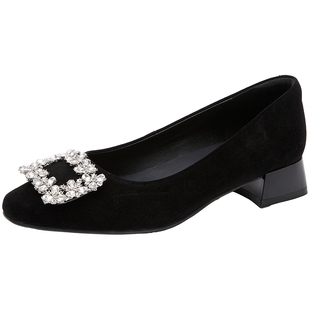 百田森水钻约会黑色单鞋女2025新款配裙子好看的鞋超软小羊皮单鞋