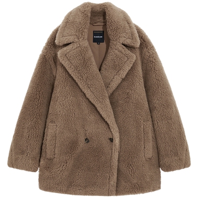 bebe2025秋冬新款女士时尚驼色羊毛质感仿皮草毛呢大衣外套402104