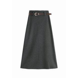 黑色毛呢半身裙女秋冬季高腰a字加绒长裙气质长款开叉加厚直筒裙