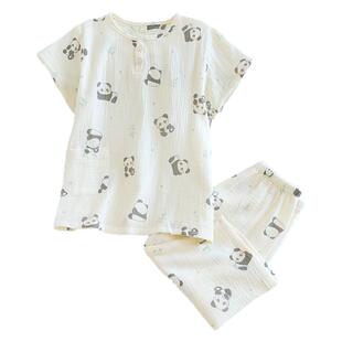 2025新日系儿童夏季薄款纯棉纱布睡衣套男童短袖7分裤全棉家居服