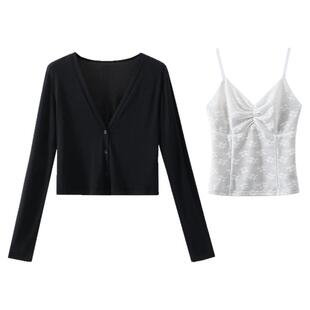夕蒙2026新款春季韩系气质小个子小众独特黑色开衫白色吊带两件套
