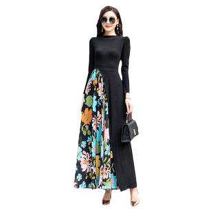 2026新款立领春秋针织连衣裙女长款黑色长袖大摆长裙碎花针织裙子