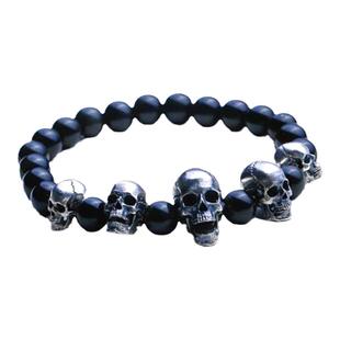 主师新款银饰全新手镯手造DIY 纯银骷髅手链 手串配黑曜石珠子