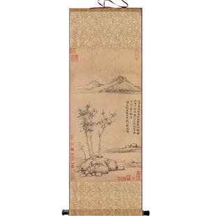 元 倪瓒 古木竹石明董其昌山水图仿古字画名家装饰丝绸画酒店壁画