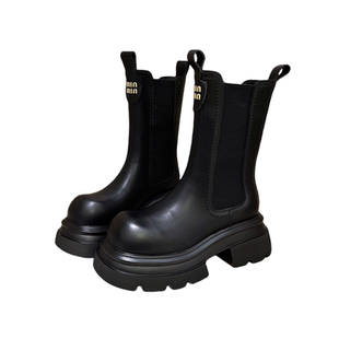 欧货真皮中筒靴烟筒靴女鞋子马丁靴2025新款厚底增高切尔西瘦瘦靴