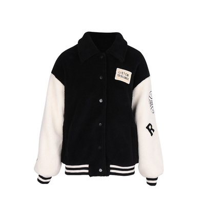 ins风羊羔毛棒球服外套加绒加厚