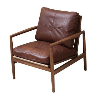 北欧实木休闲椅单人位沙发椅轻奢真皮中古风设计师主人茶椅书报椅