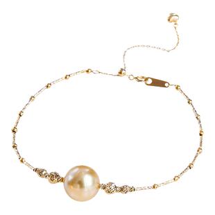 『路路通手链』天然浅金日落金色海水南洋金珠18k金调节珍珠手链