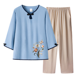 七分袖套头T恤妈妈装中老年上衣女款奶奶轻薄短袖婆婆新中式衣服