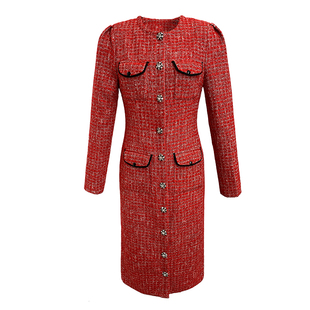 2026秋季新款毛呢小香风显瘦女红色连衣裙修身包臀风衣外套小个子