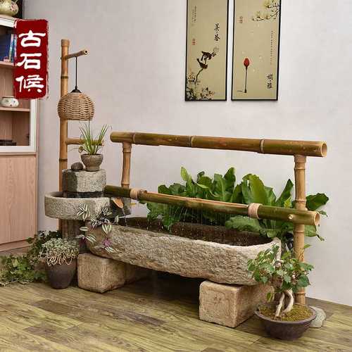 老石槽流水摆件造景组合户外循环水景观鱼缸庭院养鱼池室内水景