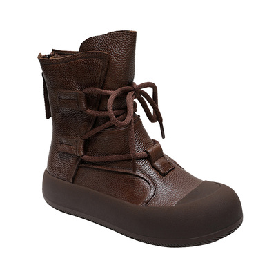 棕色头层牛皮软皮高帮鞋时尚加绒