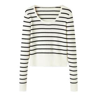 TKY SHOP复古黑白条纹撞色针织上衣女圆领套头羊毛衫修身打底衫
