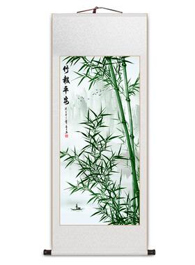 竹子卷轴挂画竹报平安客厅装饰画