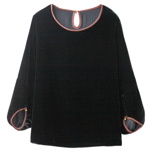 一丝牵 100%桑蚕丝香云纱拼接丝绒真丝上衣圆领宽松灯笼袖小衫春