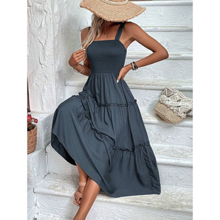 T 10974 Smocked Patchwork Camisole Dress 打揽拼接吊带无袖裙