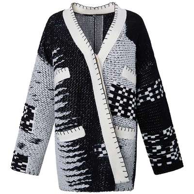 【孟子义同款】ANDREA MARTIN冬新款羊毛棋盘格拼接外套针织衫