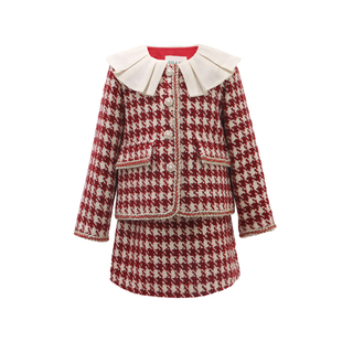 优露童装女童套装ULLU冬新款小香风红白千鸟格外套短裙儿童两件套