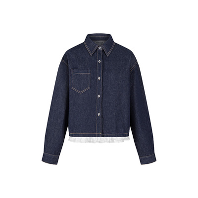 HERLIAN 新品蕾丝拼接下摆原色牛仔外套蝴蝶结贴布绣宽松衬衫