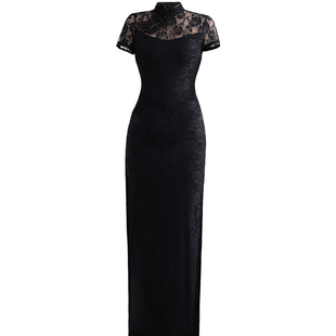 大码夜上海滩走秀斜襟短袖表演改良舞台演出服长款性感舞蹈旗袍