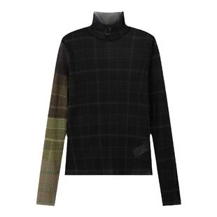 AlmondRocks视错觉拼色网纱印花显打底衫上衣内搭女长袖格纹早秋