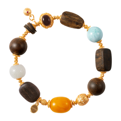 天然沉香手链女银镀金多宝手串