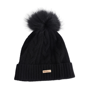经典黑酷~100%cashmere山羊绒+貉子毛球毛线帽绞花针织帽秋冬冷帽