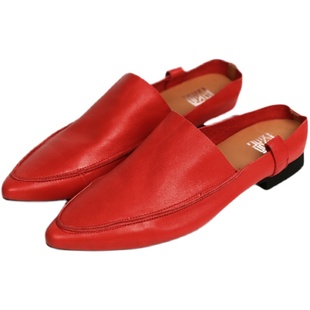 脱毒家 羊皮包头低跟女鞋尖头舒适外穿拖鞋真皮复古凉拖半拖鞋女