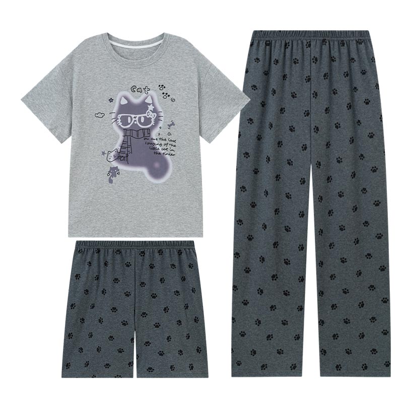 女款夏季纯棉短袖圆领猫咪家居服